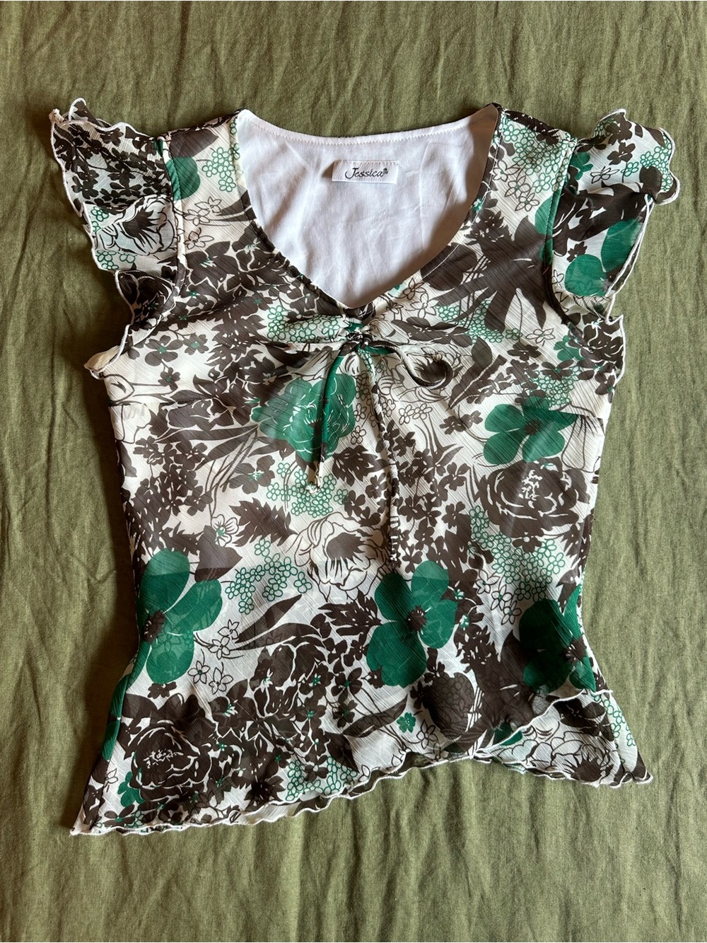 Vintage Jessica Green and Brown Floral Flutter Sleeve Camisole
